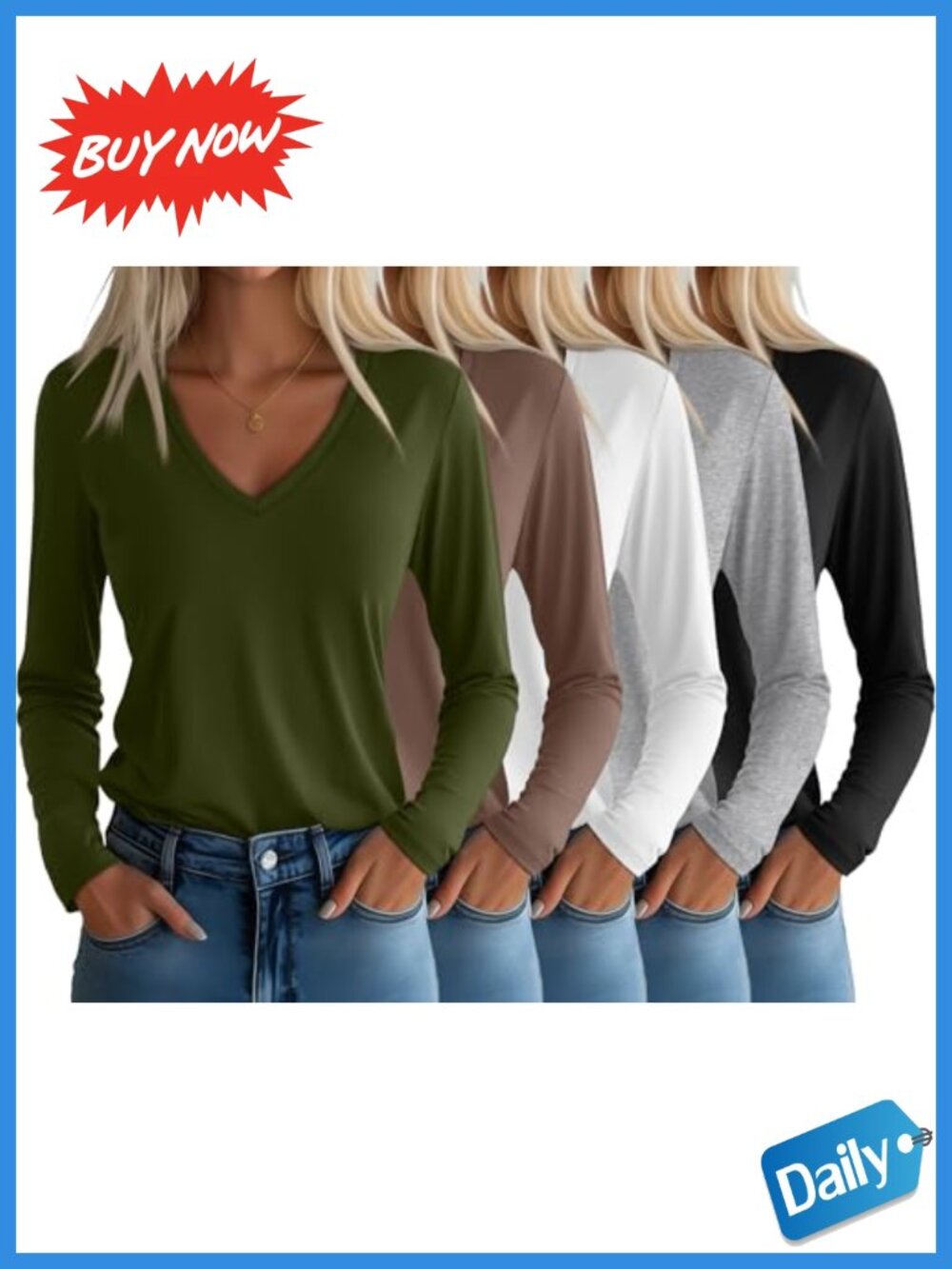 Women's V Neck Long Sleeve Layering Tops 5 Pack Loose Fit Tees
